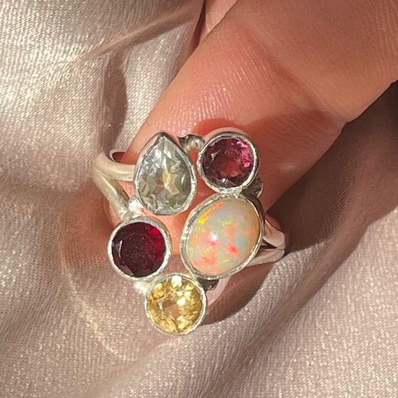 925 silver and natural Opal multi gemstone ring Adjustable Ring!! OS “VIBES” - Picture 11 of 16